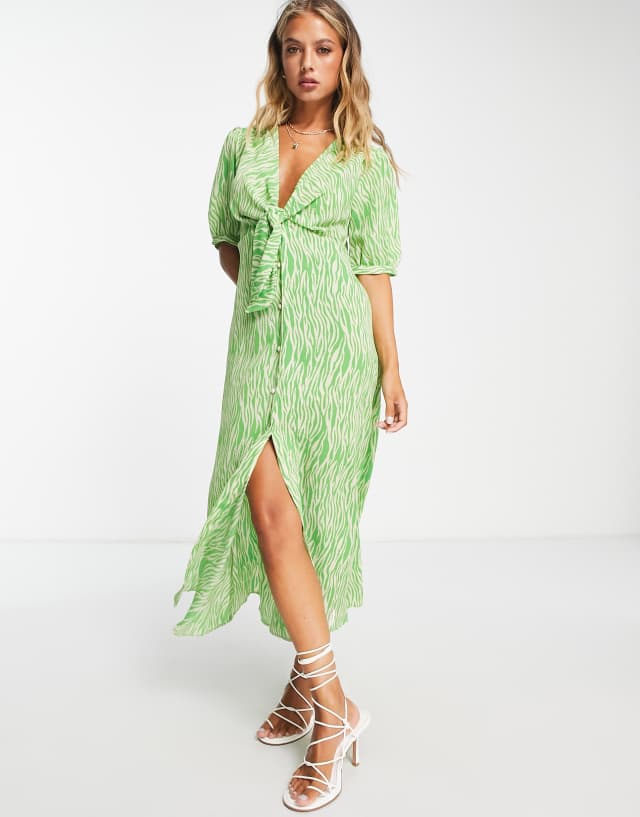 ASOS DESIGN tie front button through midi dress in green animal print