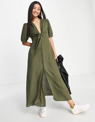 Asos Design Tie Front Button Through Midi Dress In Khaki-green | ModeSens
