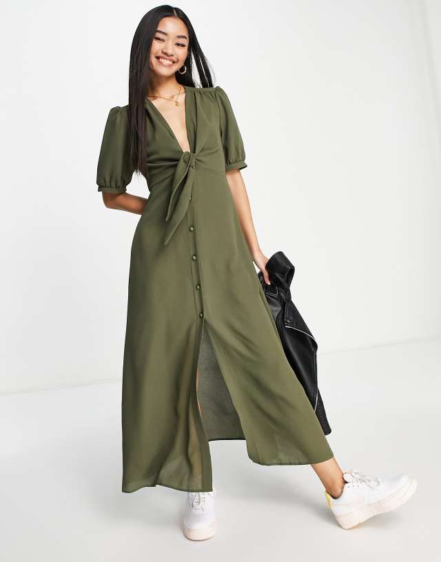 ASOS DESIGN tie front button through midi dress in khaki