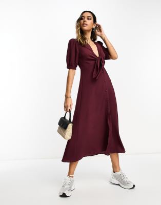 ASOS DESIGN tie front button through midi dress in maroon-Pink