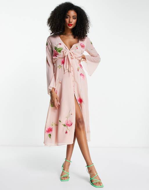 ASOS DESIGN tie front button through midi dress with floral embroidery in blush