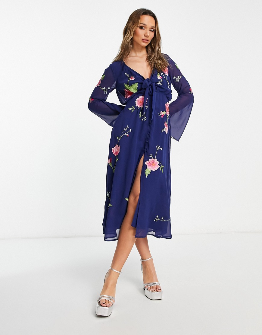 ASOS DESIGN tie front button through midi dress with floral embroidery in navy