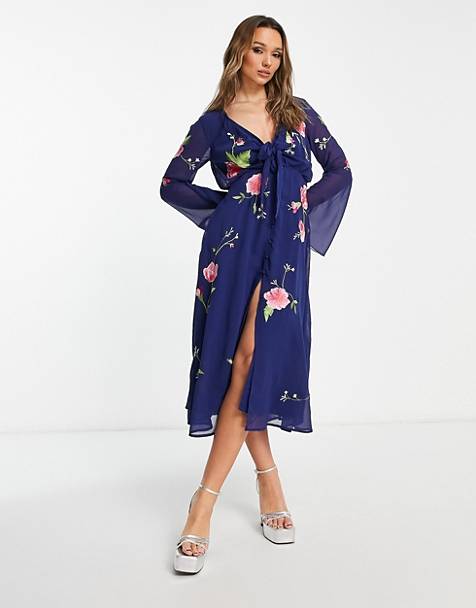 Floral frill mesh midi dress in ASOS Damen Kleidung Kleider Bedruckte Kleider 