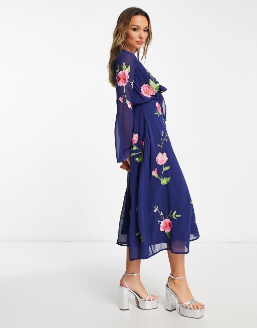 Asos design midi dress with clearance pretty floral and bird embroidery