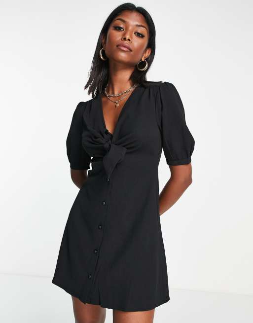 ASOS DESIGN tie front button through mini dress in black ASOS