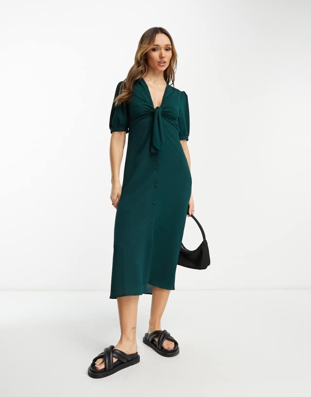 ASOS DESIGN tie front button up midi dress in bottle green