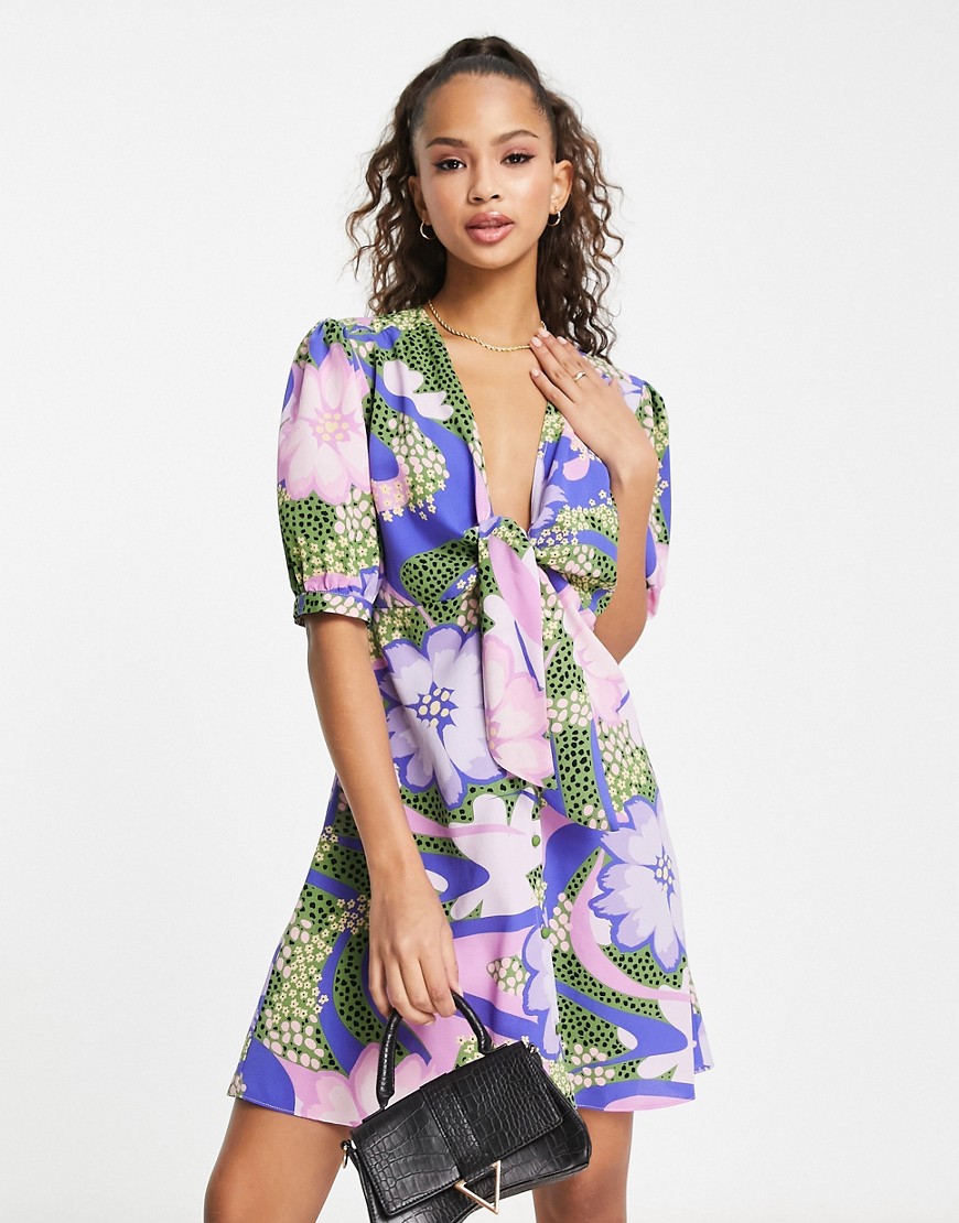 Asos Design Tie Front Button Up Mini Dress In Mixed Large And Ditsy Floral-multi