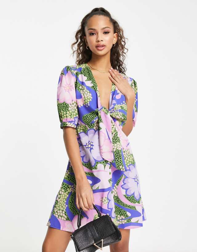 ASOS DESIGN tie front button up mini dress in mixed large and ditsy floral