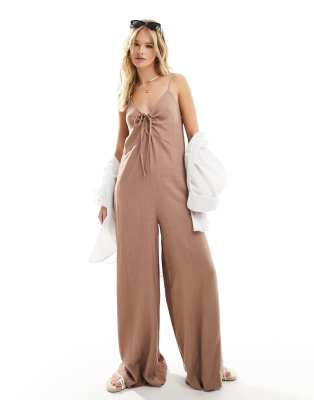 Asos Design Tie Front Cami Jumpsuit In Brown