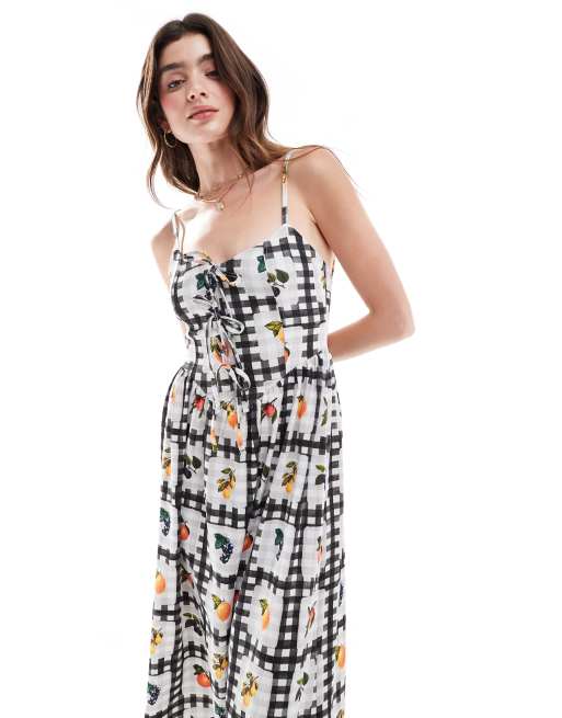 ASOS Design Tie Front Cami Tea Dress in Black Gingham Fruit print Multi