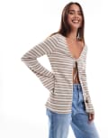 [ASOS DESIGN] ASOS DESIGN tie front cardigan in beige and white stripe-Brown S BEIGE & WHITE STRIPE