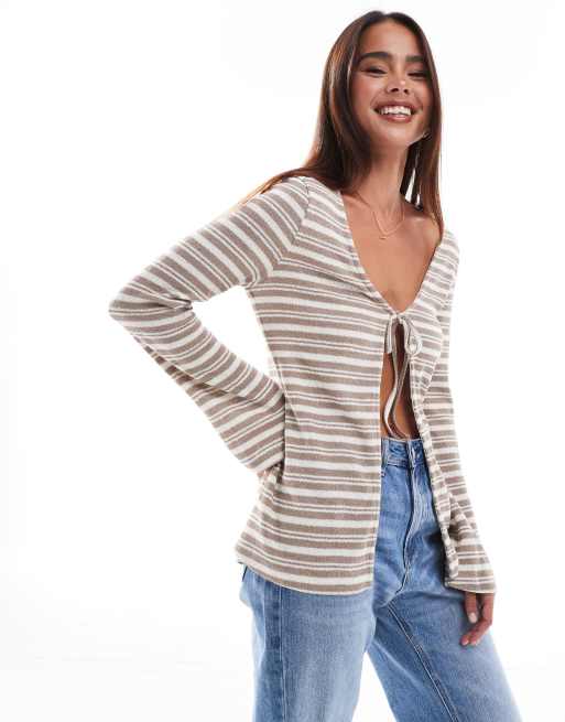 ASOS DESIGN tie front cardigan in beige and white stripe ASOS