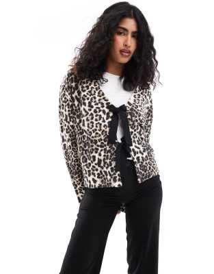 Asos Design Tie Front Cardigan In Leopard Print-multi