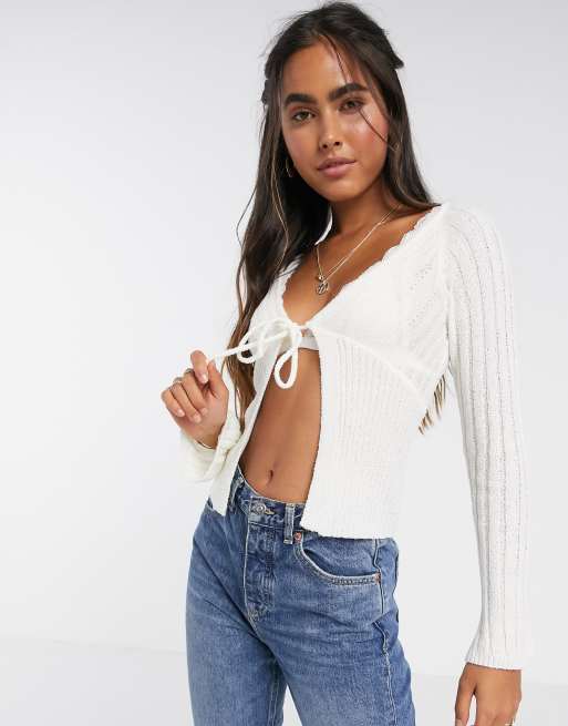 ASOS DESIGN tie front cardigan in natural look yarn ASOS