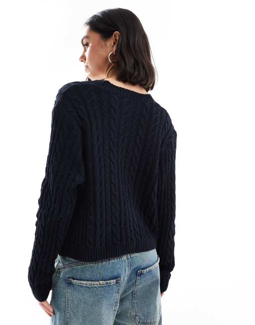 ASOS DESIGN tie front cardigan with cable stitch in navy | ASOS