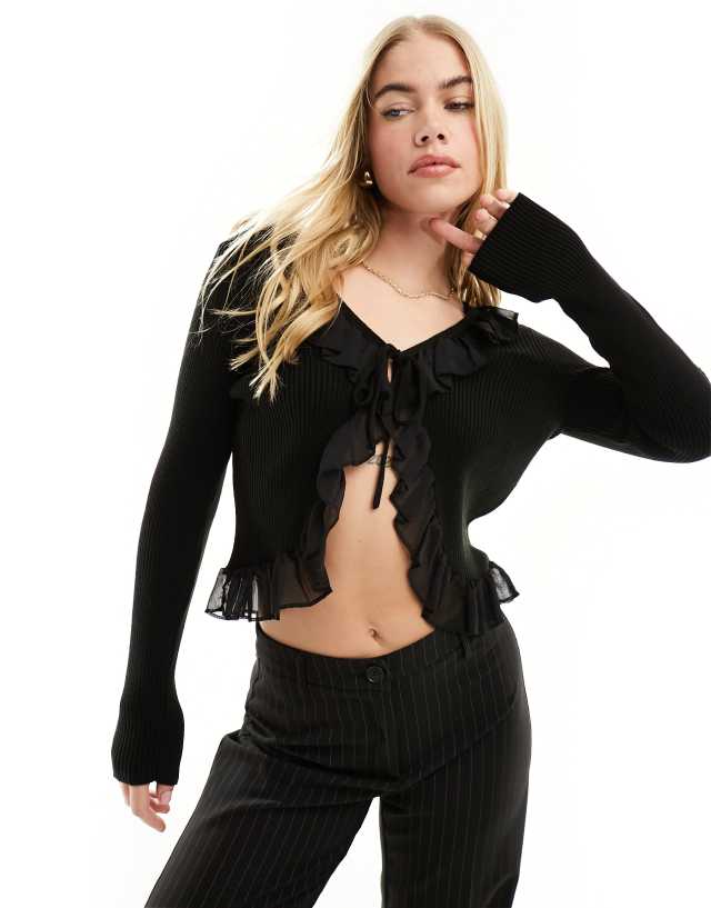 ASOS DESIGN tie front cardigan with woven frill trims in black | ASOS