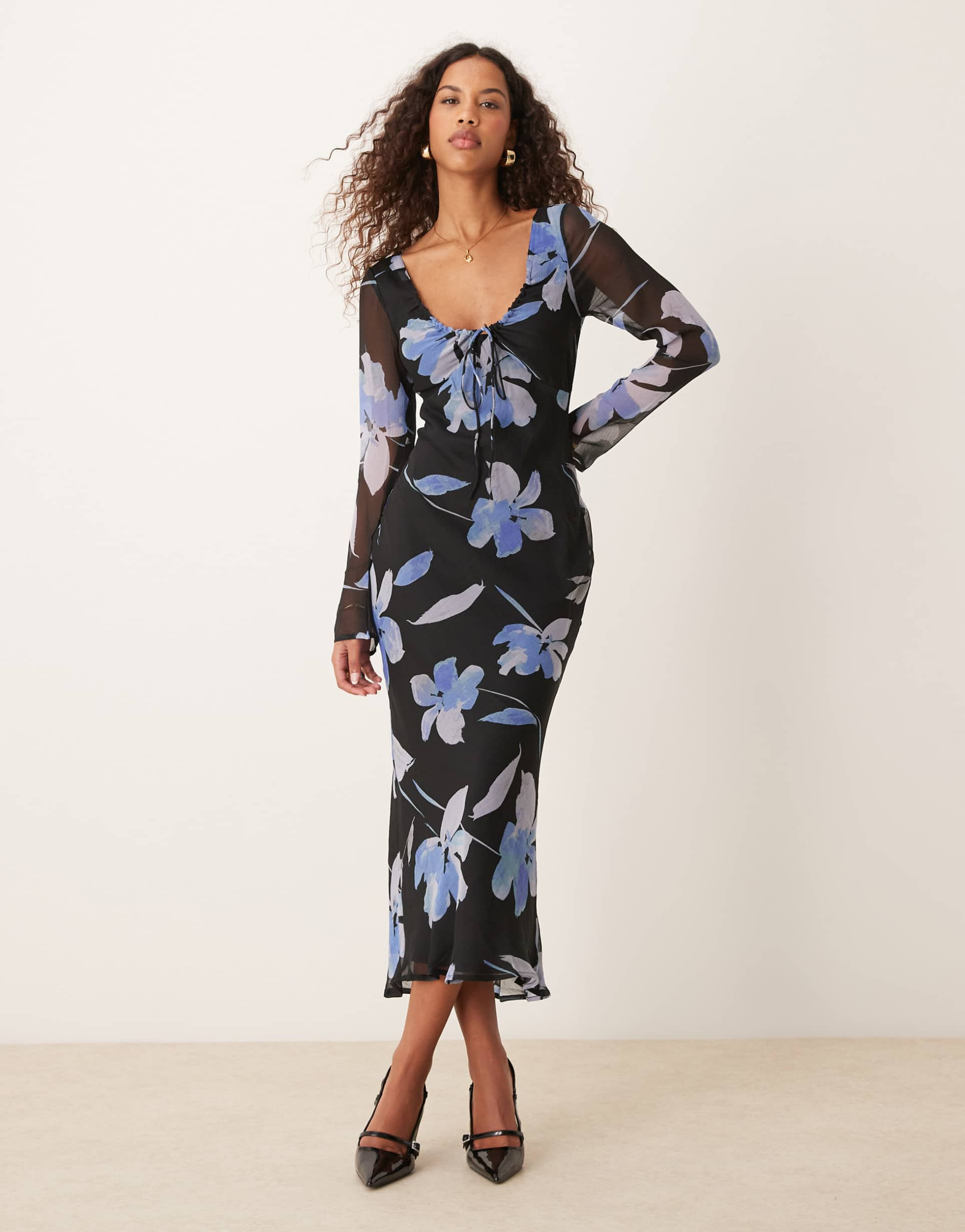 asos design tie front chiffon bias long sleeve midi dress in blue floral