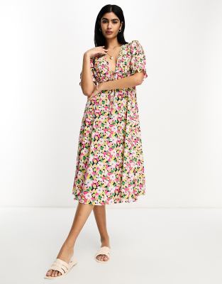 Asos Design Tie Front Chuck On Midi Tea Dress In Black Floral Print-multi