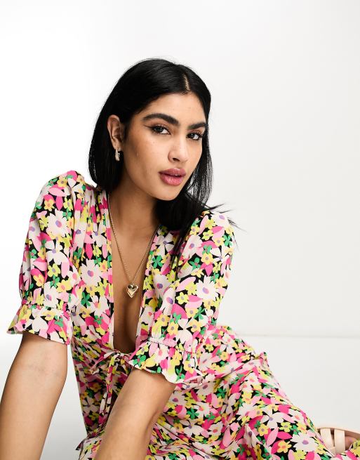 Asos black floral tea dress sale