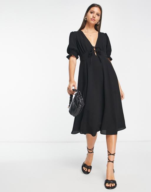 ASOS DESIGN Tie Front Chuck On Midi Tea Dress in black | ASOS