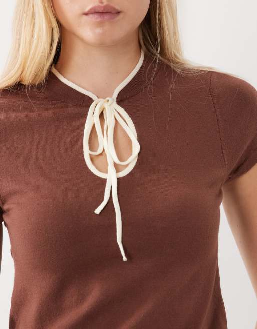 ASOS DESIGN tie front collared top in chocolate with white tipping, 3 of 4