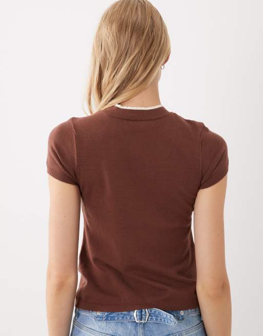 ASOS DESIGN tie front collared top in chocolate with white tipping, 4 of 4