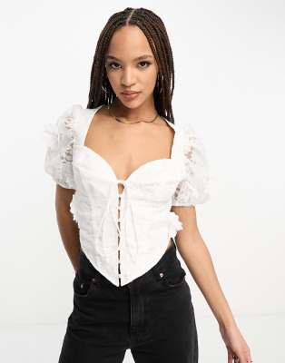 ASOS DESIGN tie front corset top with puff sleeve in white 3D floral lace