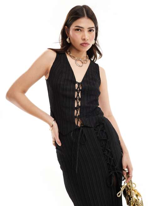 ASOS DESIGN tie front crinkle waistcoat top in black (part of a set)