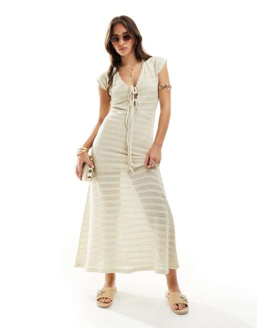 chinese dress ladies Rent ASOS DESIGN Petite Crochet Bardot Midi Dress In Ditsy And Stripe Mix  Print main image 1