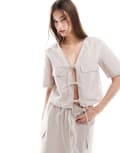 [ASOS DESIGN] ASOS DESIGN tie front crop shirt in off white 18 white