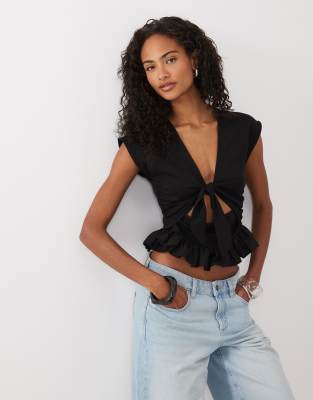 Asos Design Tie Front Cutout Top With Peplum Hem In Black