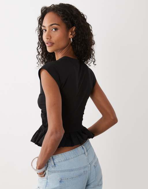 ASOS DESIGN tie front cutout top with peplum hem in black, 2 of 4
