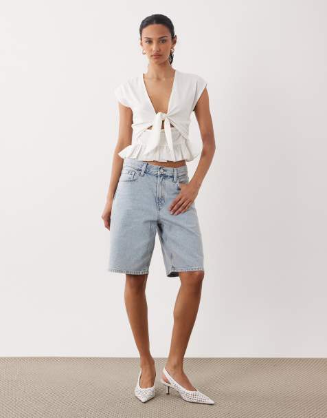 ASOS DESIGN tie front cutout top with peplum hem in white - view 1