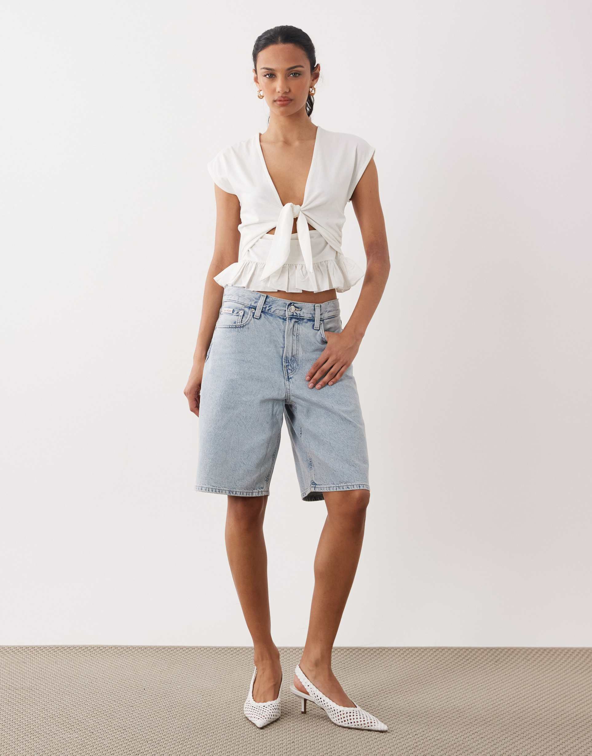 asos design tie front cutout top with peplum hem in white