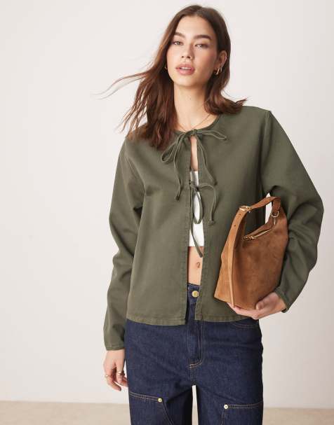 ASOS DESIGN tie front denim top in forest green - view 1