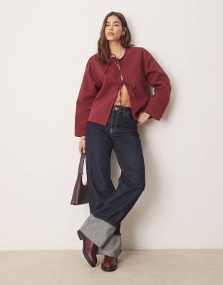 tie front denim top with long sleeve in burgundy-Red