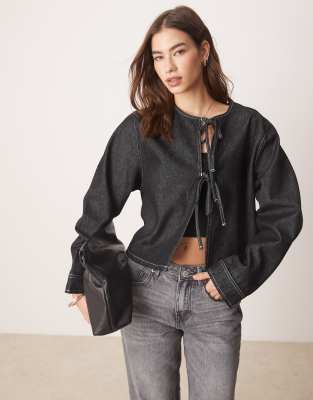 tie front denim top with long sleeve with contrast stitch in black ecru