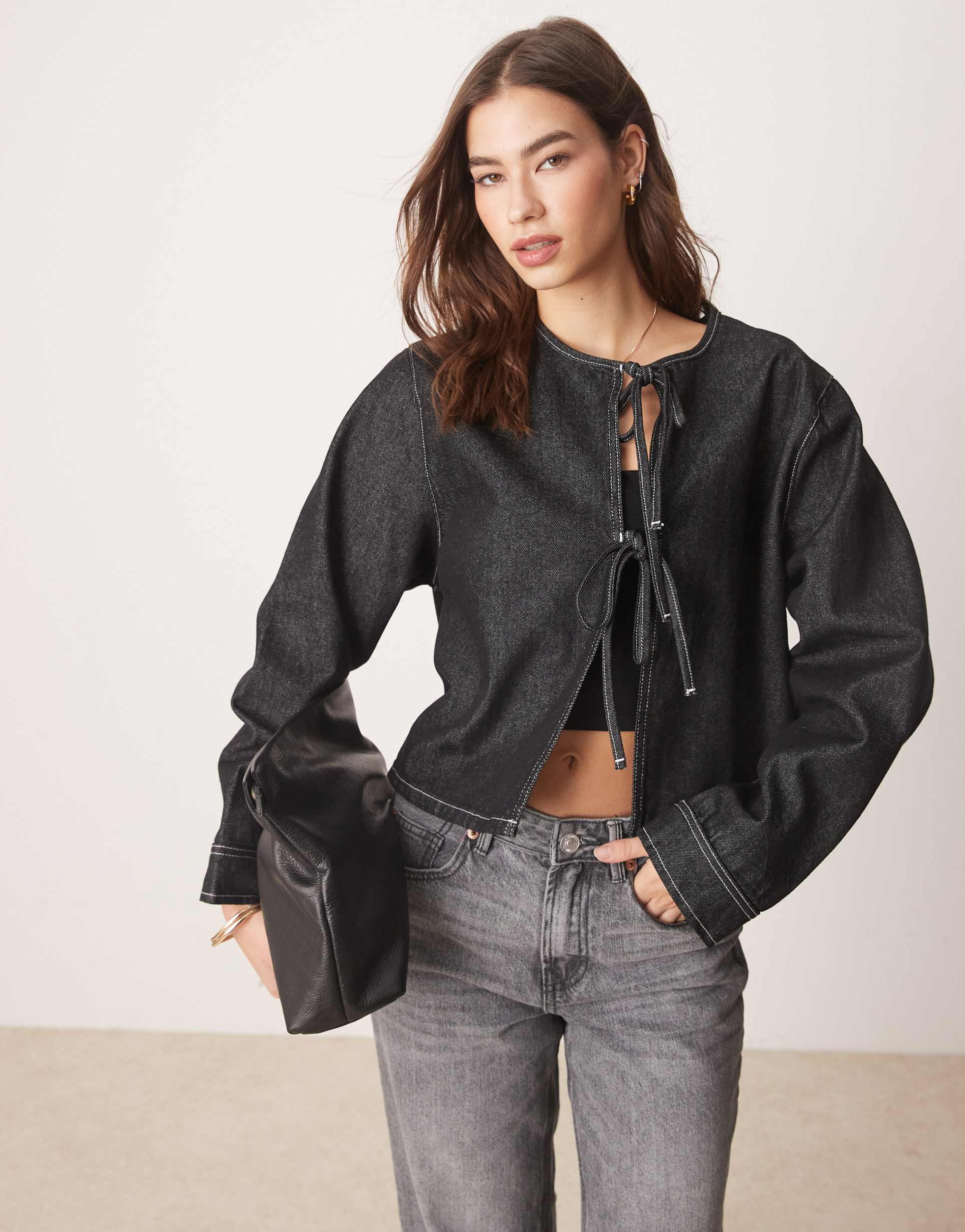 asos design tie front denim top with long sleeve with contrast stitch in black ecru