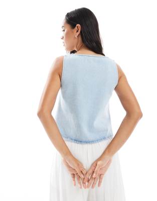 Asos Design Tie Front Denim Top With Square Neck In Blue