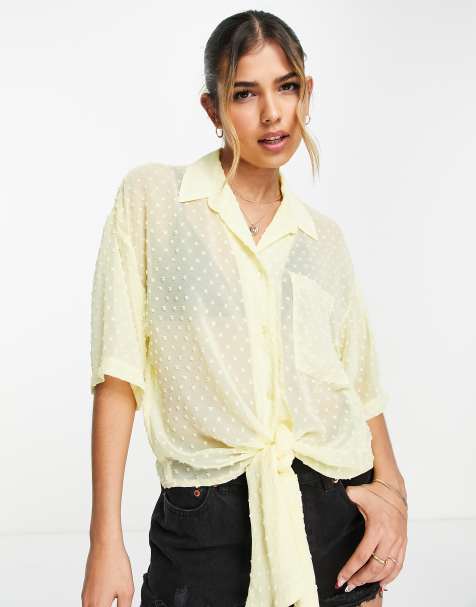 ASOS DESIGN tie front dobby shirt in pastel yellow - view 1