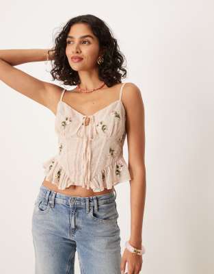 ASOS DESIGN tie front embroidered corset top in stone - view 1