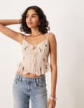 [ASOS DESIGN] ASOS DESIGN tie front embroidered corset top in stone-Neutral 10 Stone