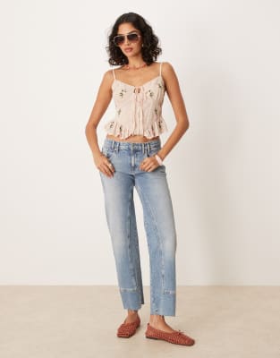 Asos Design Tie Front Embroidered Corset Top In Pink