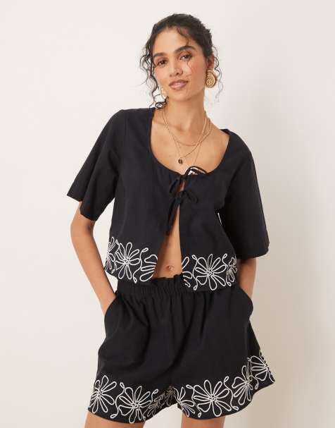 ASOS DESIGN tie front embroidered top co-ord in black - view 1