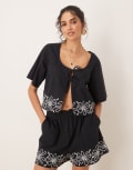 [ASOS DESIGN] ASOS DESIGN tie front embroidered top in black (part of a set) M Black