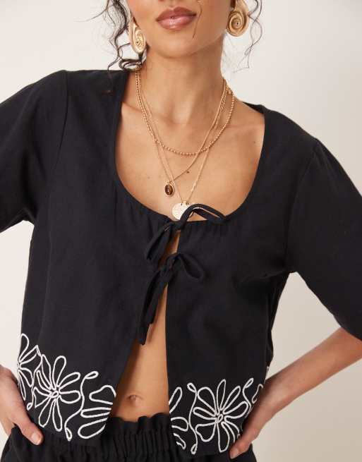 ASOS DESIGN tie front embroidered top in black - part of a set, 4 of 4