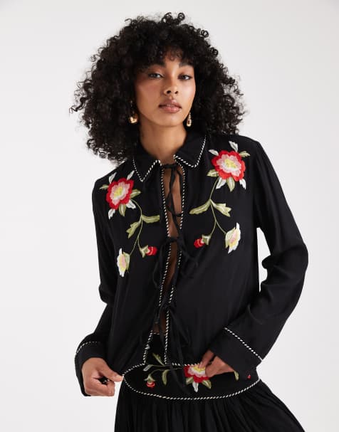 ASOS DESIGN tie front embroidery detail top (Part of a set) - view 1