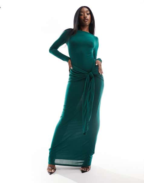 Hunter green maxi on sale dress long sleeve