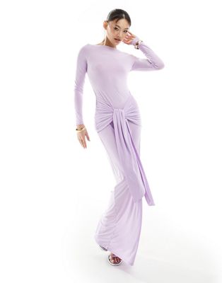 Asos Design Tie Front Exaggerated Drape Maxi Dress In Lilac-purple