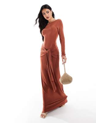 tie front exaggerated drape maxi dress in rust-Brown